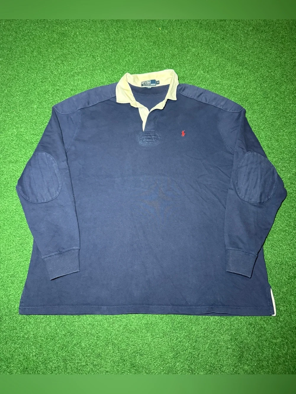 Polo Ralph Lauren Long Sleeve Rugby Shirt XL Blue Padded Elbow Patch Vintage 90s